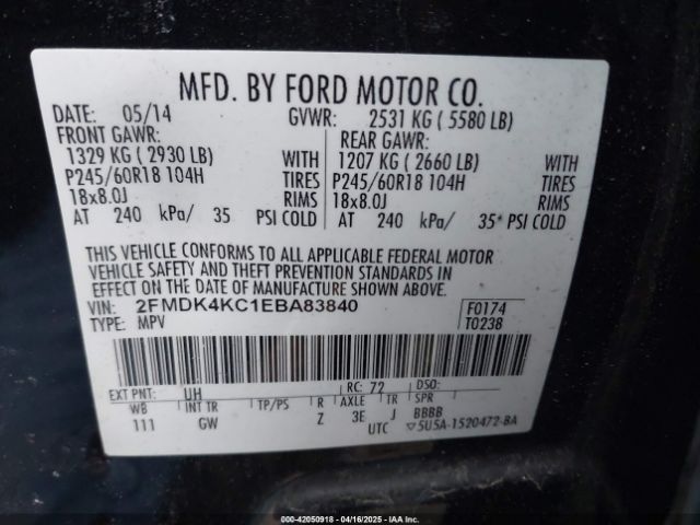 2FMDK4KC1EBA83840 Ford Edge Limited