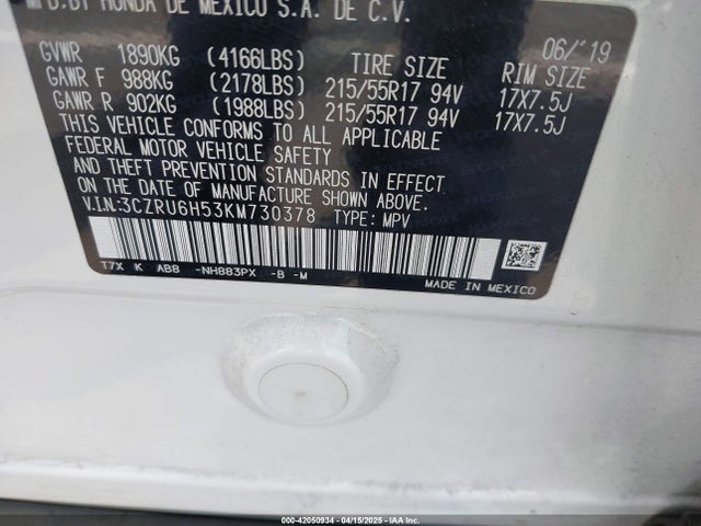 3CZRU6H53KM730378 Honda HR-V EX