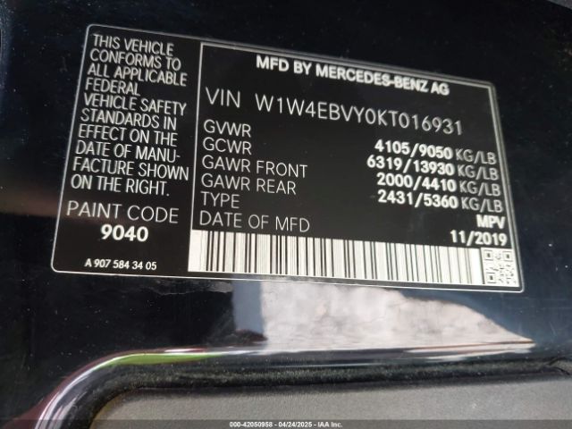 W1W4EBVY0KT016931 Mercedes-Benz Sprinter 2500 High Roof V6/standard Roof V6