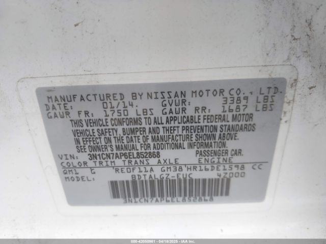 3N1CN7AP6EL852868 Nissan Versa 1.6 Sl