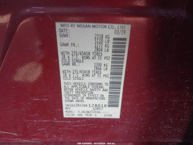 5N1AZ2MJ7KN128018 Nissan MURANO SV