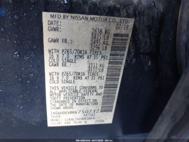 1N6AD0EV8KN750732 Nissan Frontier Sv