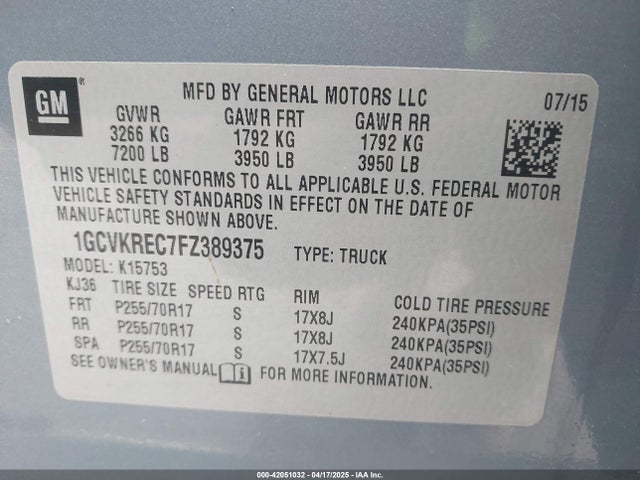 1GCVKREC7FZ389375 Chevrolet Silverado 1500 1lt