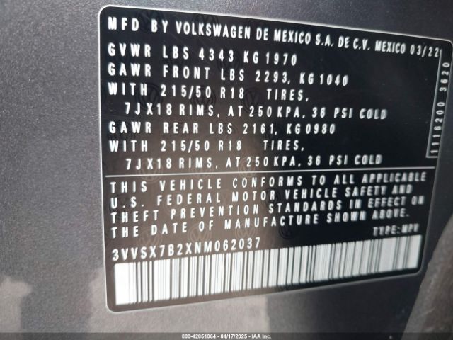 3VVSX7B2XNM062037 Volkswagen Taos 1.5t Se