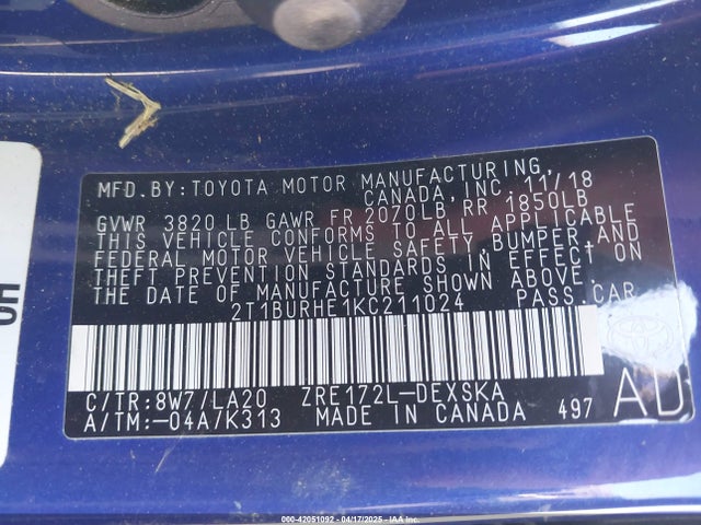 2T1BURHE1KC211024 Toyota Corolla Xse
