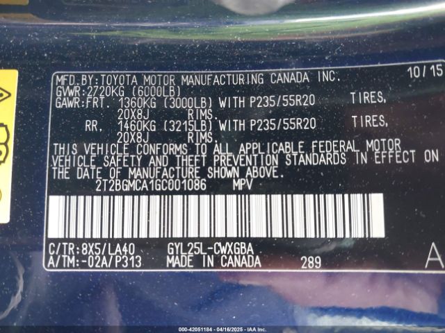 2T2BGMCA1GC001086 Lexus RX 450H