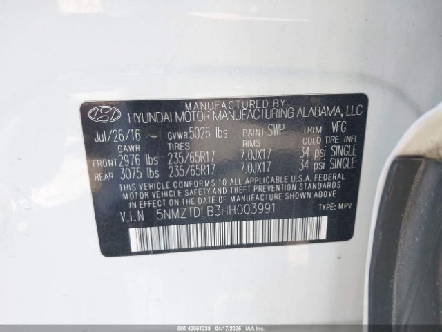 5NMZTDLB3HH003991 Hyundai Santa Fe Sport 2.4l
