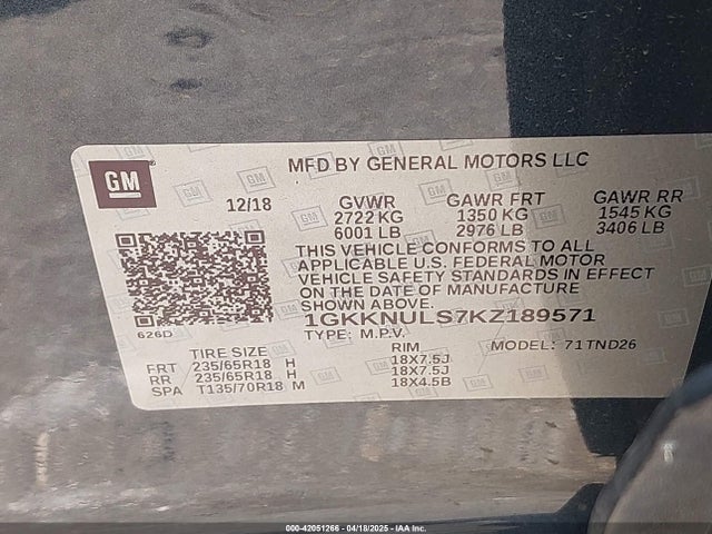 1GKKNULS7KZ189571 GMC lgx - direct injection, variable valve timing, alum, gen 2