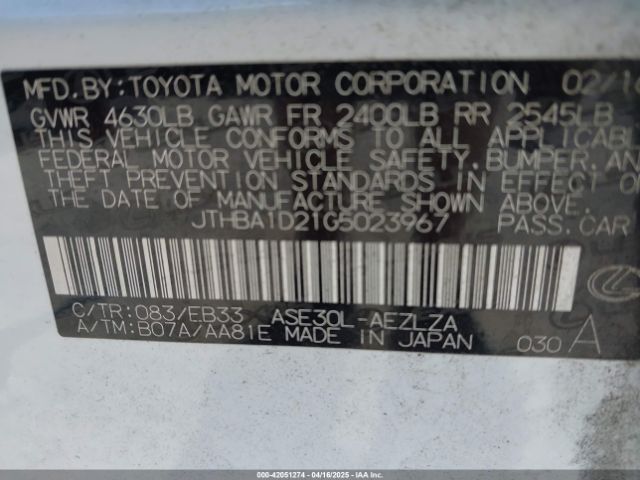 JTHBA1D21G5023967 Lexus IS 200T