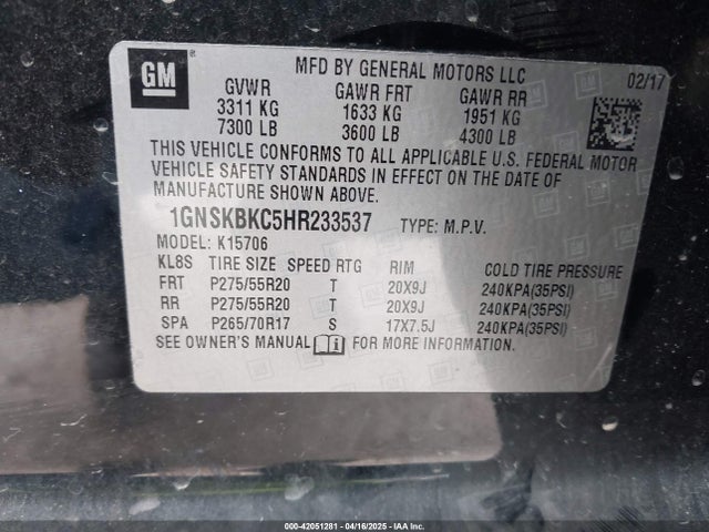 1GNSKBKC5HR233537 Chevrolet Tahoe Lt