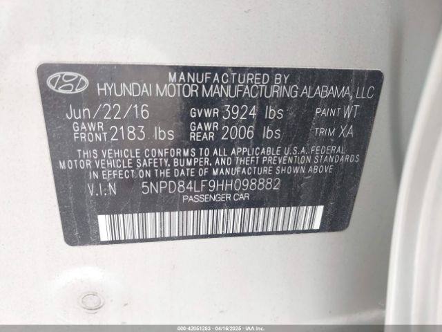 5NPD84LF9HH098882 Hyundai ELANTRA SE