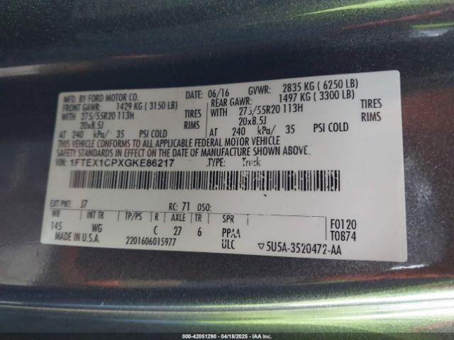 1FTEX1CPXGKE86217 Ford F-150 Xl