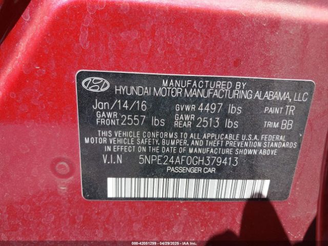 5NPE24AF0GH379413 Hyundai SONATA SE
