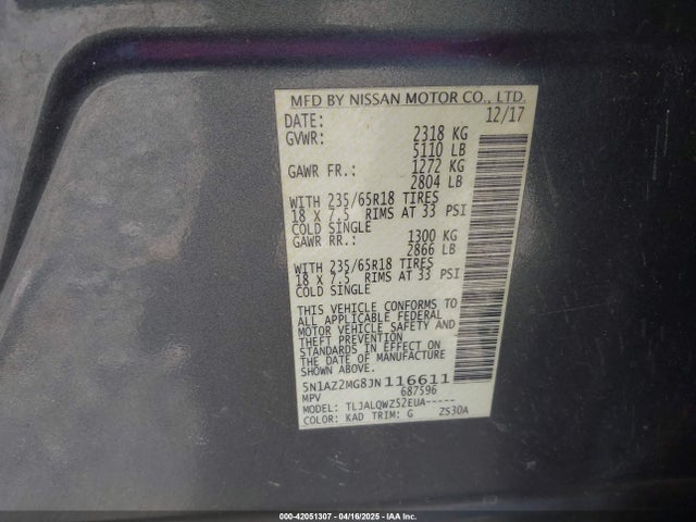 5N1AZ2MG8JN116611 Nissan MURANO SV