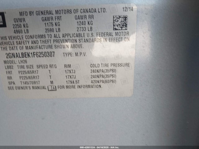 2GNALBEK1F6250307 Chevrolet EQUINOX 1LT