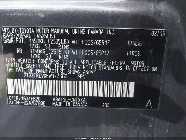 2T3ZFREVXFW177660 Toyota RAV4 LE