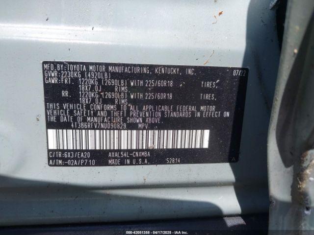 4T3B6RFV7NU090829 Toyota Rav4 Hybrid Xle Premium
