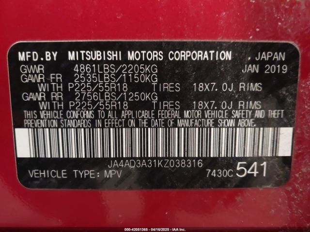 2019 MITSUBISHI OUTLANDER JA4AD3A31KZ038316 Photo 8