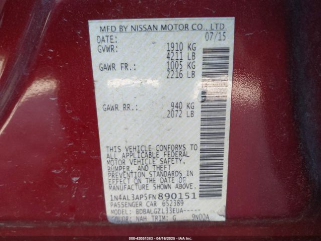 1N4AL3AP5FN890151 Nissan Altima 2.5/2.5 S/2.5 Sl/2.5 Sv