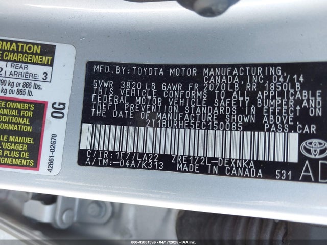 2T1BURHE5EC150085 Toyota Corolla Le Premium