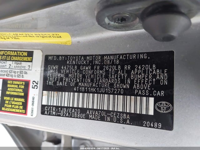 4T1B11HK1JU157270 Toyota CAMRY SE