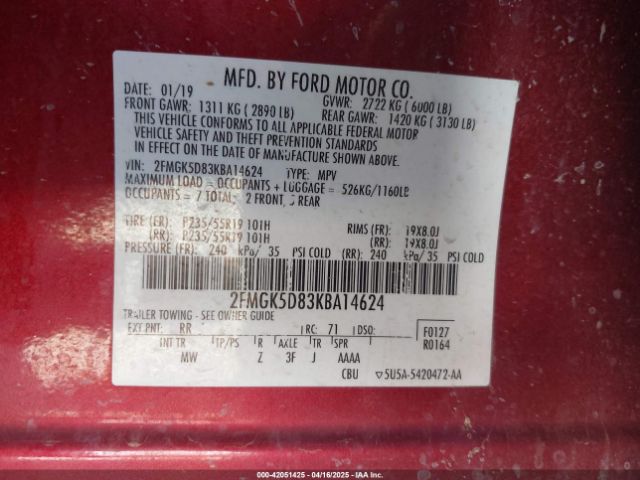2FMGK5D83KBA14624 Ford Flex Limited