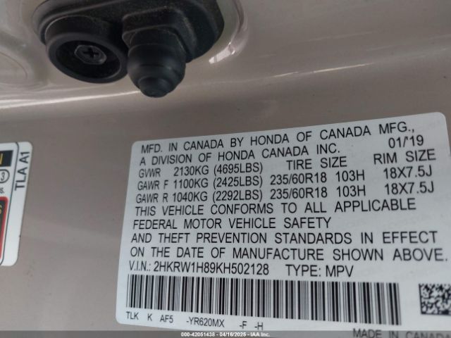 2HKRW1H89KH502128 Honda Cr-v Ex-l