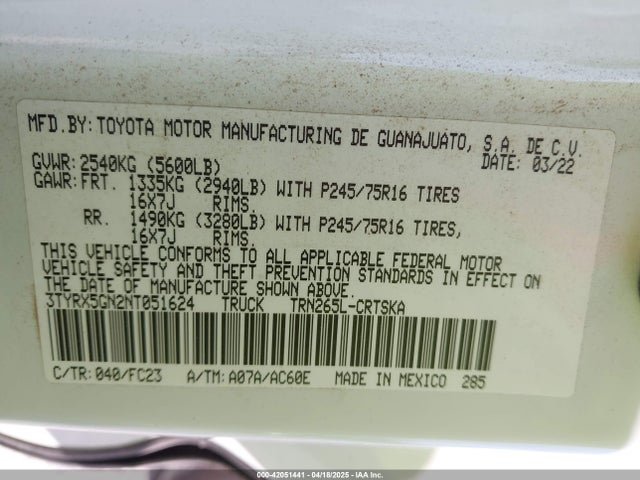 3TYRX5GN2NT051624 Toyota Tacoma Sr5