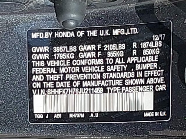 SHHFK7H76JU211459 Honda Civic Ex-l