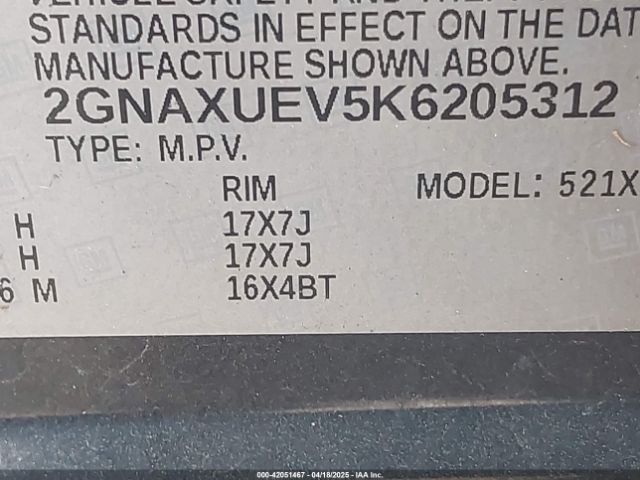 2GNAXUEV5K6205312 Chevrolet EQUINOX LT