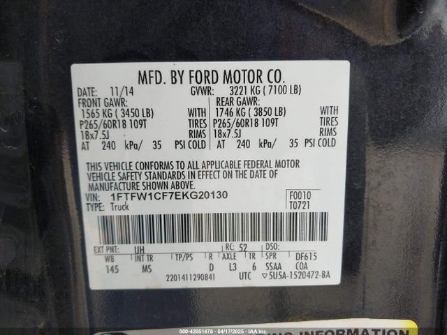 1FTFW1CF7EKG20130 Ford F-150 Xlt