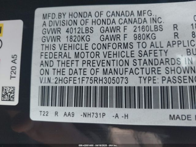 2HGFE1F75RH305073 Honda CIVIC EX