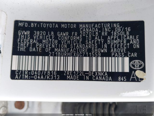 2T1BURHEXGC711559 Toyota COROLLA LE