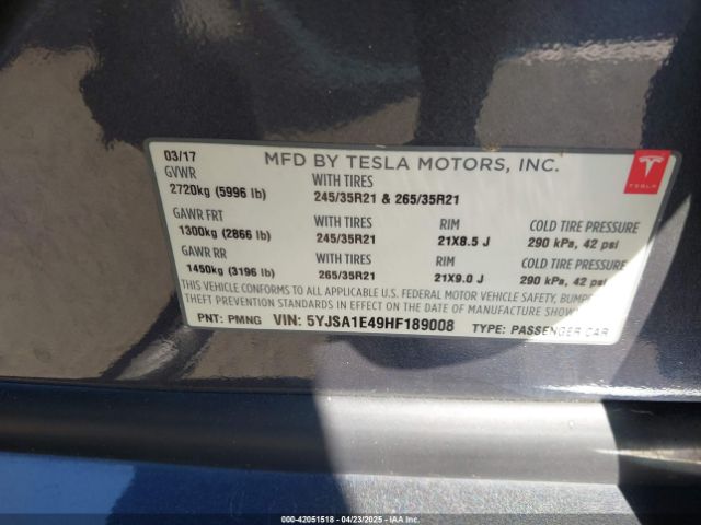 2017 TESLA MODEL S 5YJSA1E49HF189008 Photo 8