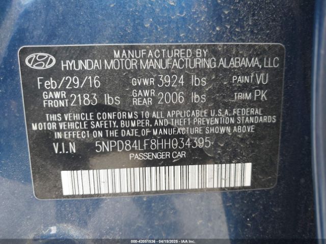 5NPD84LF8HH034395 Hyundai ELANTRA SE