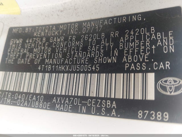 4T1B11HKXJU500545 Toyota CAMRY SE