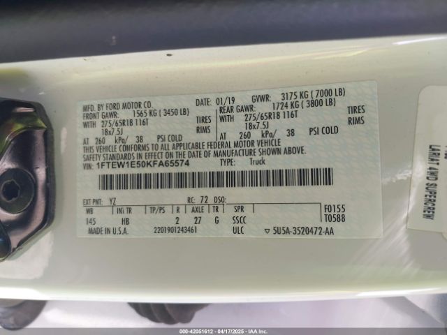 1FTEW1E50KFA65574 Ford F-150 Lariat