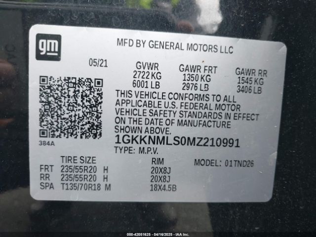 1GKKNMLS0MZ210991 GMC Acadia Fwd Slt