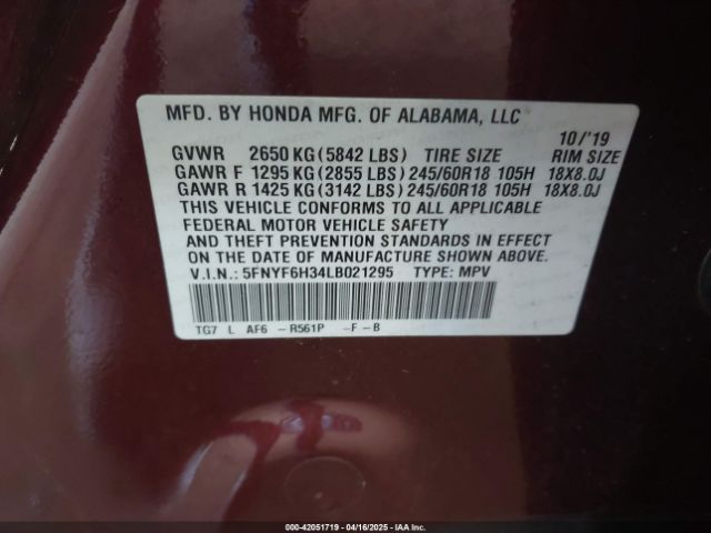 5FNYF6H34LB021295 Honda Pilot Awd Ex