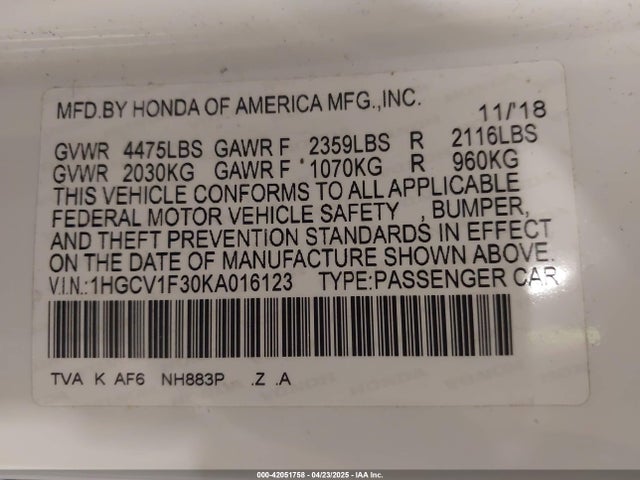 1HGCV1F30KA016123 Honda Accord Sport