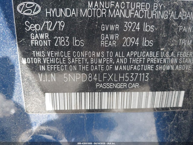 5NPD84LFXLH537113 Hyundai Elantra Limited