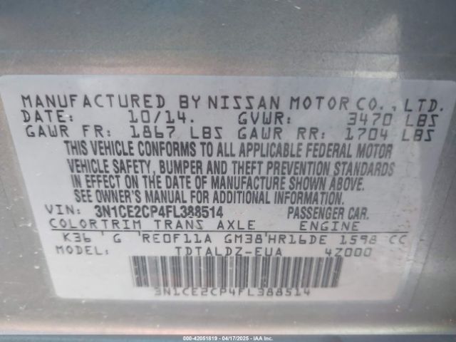 3N1CE2CP4FL388514 Nissan Versa Note Sv