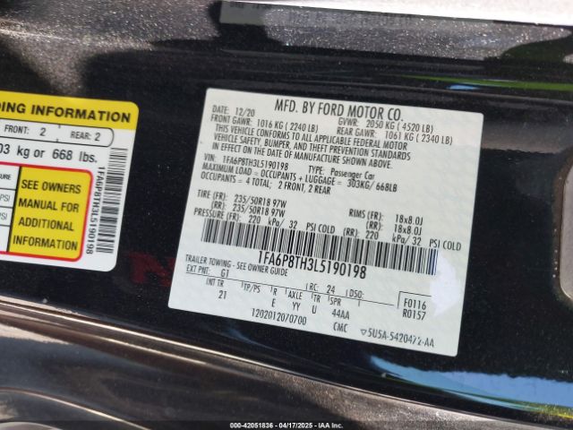 1FA6P8TH3L5190198 Ford Mustang Ecoboost Fastback