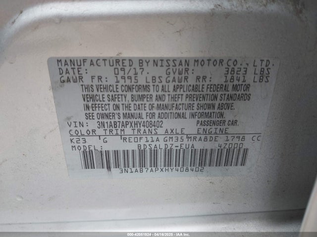 3N1AB7APXHY408402 Nissan SENTRA SV