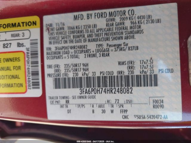 3FA6P0H74HR248082 Ford FUSION SE