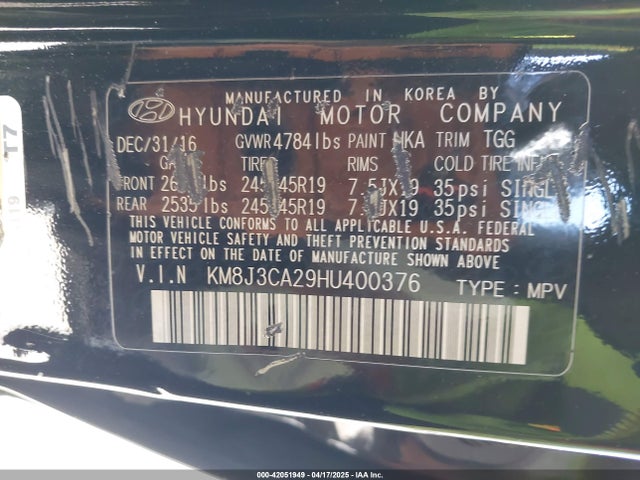 KM8J3CA29HU400376 Hyundai Tucson Sport
