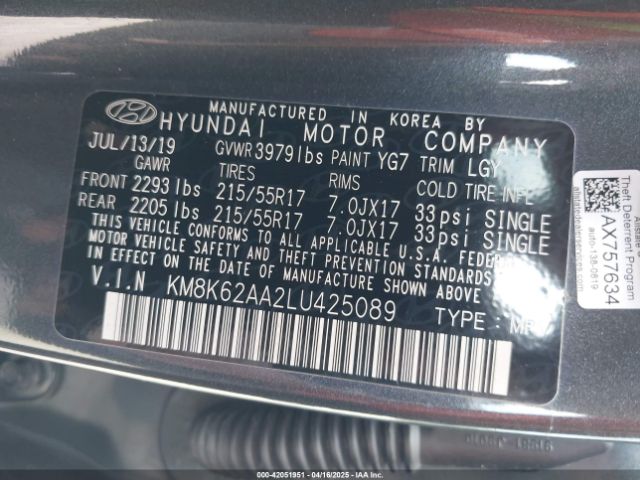 KM8K62AA2LU425089 Hyundai Kona Sel Plus