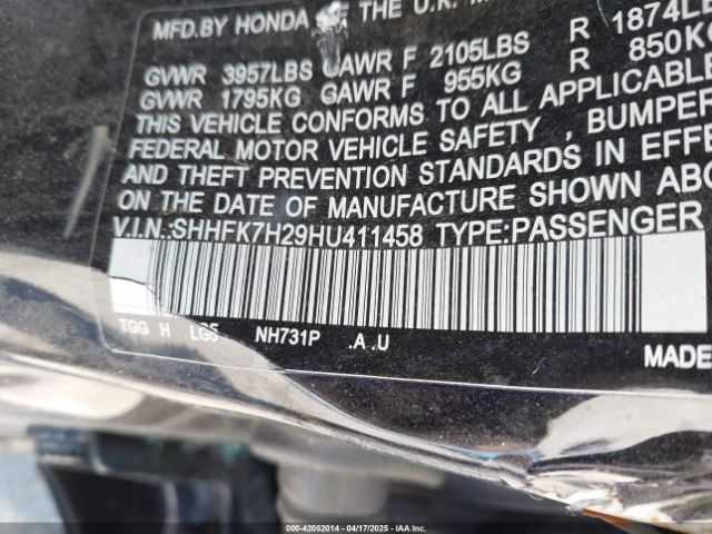 SHHFK7H29HU411458 Honda Civic Lx