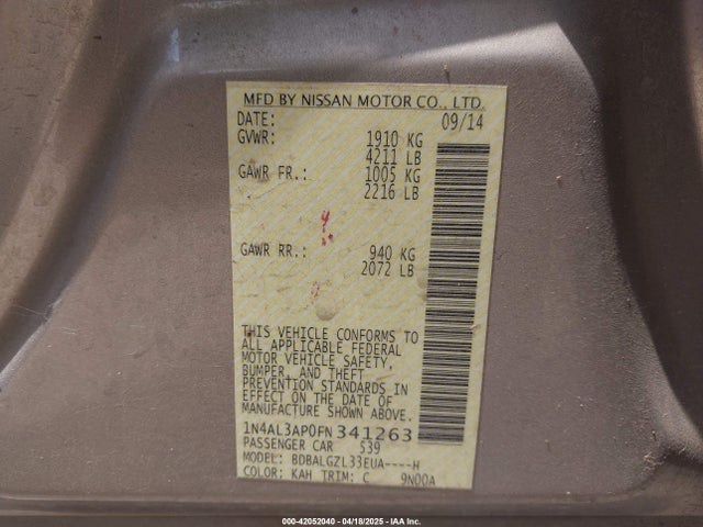 1N4AL3AP0FN341263 Nissan Altima 2.5 S