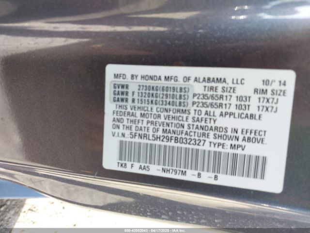 5FNRL5H29FB032327 Honda ODYSSEY LX